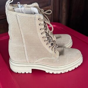 Beige Perforated Lace-Up Combat Boots
